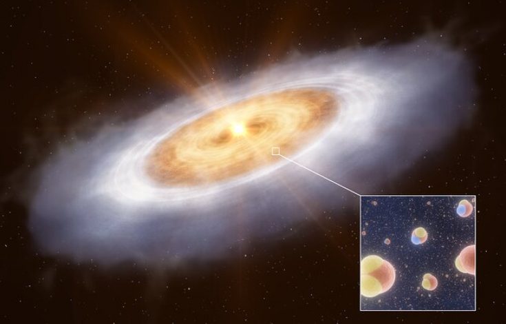 This artist’s impression shows the planet-forming disc around the star V883 Orionis. In the outermost part of the disc water is frozen out as ice and therefore can’t be easily detected. An outburst of energy from the star heats the inner disc to a temperature where water is gaseous, enabling astronomers to detect it. The inset image shows the two kinds of water molecules studied in this disc: normal water, with one oxygen atom and two hydrogen atoms, and a heavier version where one hydrogen atom is replaced with deuterium, a heavy isotope of hydrogen.