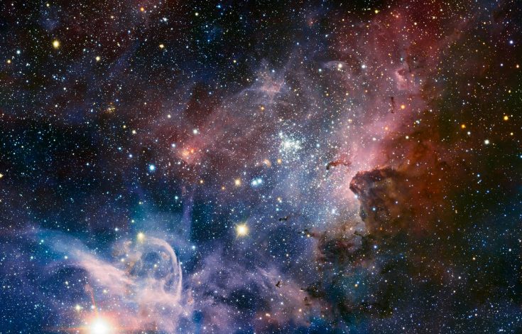 This broad image of the Carina Nebula, a region of massive star formation in the southern skies, was taken in infrared light using the HAWK-I camera on ESO’s Very Large Telescope. Many previously hidden features, scattered across a spectacular celestial landscape of gas, dust and young stars, have emerged. #L