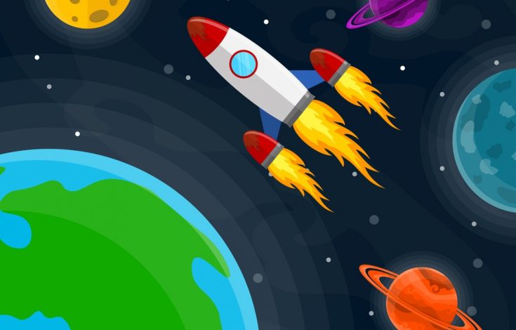 Space pattern with planets, stars and rocket. Vector illustration. Cartoon space background in flat design.